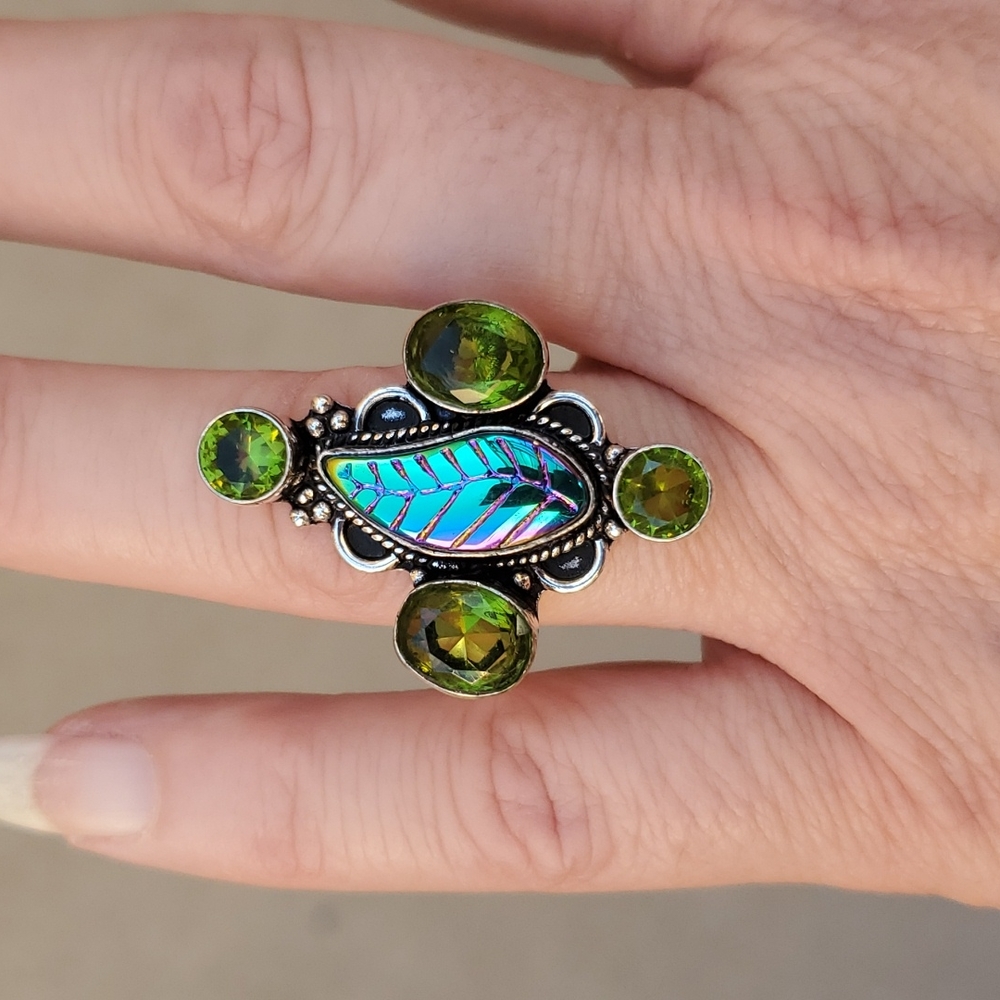 New Carved Rainbow Hematite & Peridot 925 Silver Ring.